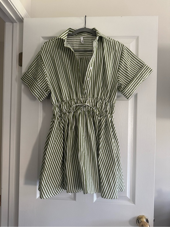 glam Dresses & Skirts - glam Olive Green and White Striped Short-Sleeve Dress